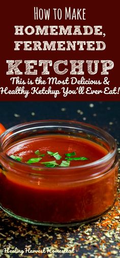 homemade ketchup recipe in a glass bowl on a table with herbs and seasoning