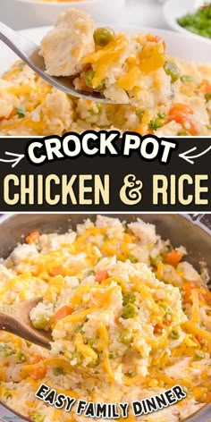 chicken and rice casserole in a skillet with the title crock pot chicken and rice