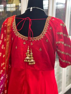 Hand embroidery Rawsilk yoke with Uppada silk flare and bandini dupatta length 55” size 40(Xl) comes with 2” margin each side back open Bandini Dupatta, Party Wear Dresses Western, Party Wear Dress, Custom Dress, Red Party, Bridal Sarees, Party Wear Dresses, Western Dresses, Bridal Saree