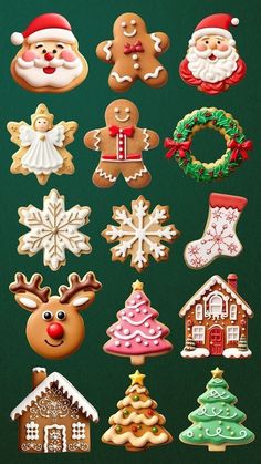 christmas cookies are arranged on a green background