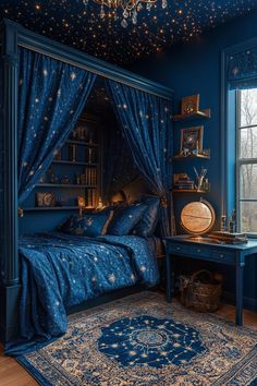 a bedroom with blue walls and gold stars on the ceiling is lit by a chandelier