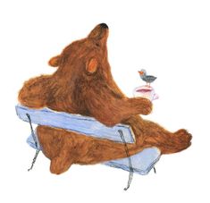 a drawing of a brown bear sitting on a blue chair with a bird perched on it