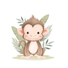 a cute monkey sitting in front of some leaves