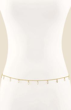 Brighten the center of your ensembles with a golden belly chain glinting with cubic zirconia charms. 30" length; 5" extender Goldtone plate/cubic zirconia Imported Elegant Gold Body Jewelry With Cubic Zirconia, Gold Body Chain, Attention Seeking, Gold Bodies, Bold Jewelry, Belly Chain, Waist Chain, Crystal Charm, Crystal Drop