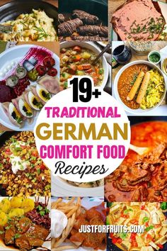 a collage of different food dishes with the words traditional german comfort food recipes