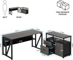 the desk has two separate storage drawers and is shown with measurements for each drawer in front of it