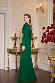 Scarlet Mermaid V-Neck Crepe Floor Length Dress | MEAN BLVD Elegant V-neck Mermaid Dress For Gala, Elegant Mother Of The Bride Dress With Mermaid Hem, Green Embellished Mermaid Dress For Formal Occasions, Elegant Green Mermaid Dress For Evening, Elegant Green Mermaid Evening Dress, Green Elegant Mermaid Dress With Fitted Bodice, Elegant Green Fitted Mermaid Dress, Embellished Green Mermaid Dress For Evening, Elegant Green Mermaid Dress With Fitted Bodice