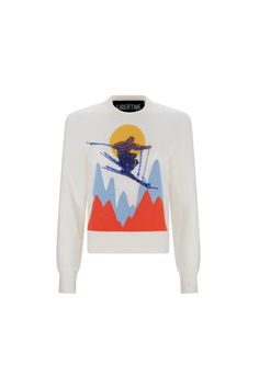 SKI JUMP' SHRUNKEN PULLOVER SWEATER WITH CRYSTALS - SWEATERS - Libertine White Long Sleeve Sweatshirt For Winter Sports, Sporty Graphic Print Sweater For Winter, Long Sleeve Skiing Tops For Ski Season, Long Sleeve Ski Tops For Ski Season, Long Sleeve Tops For Ski Season, Long Sleeve Tops For Ski Season And Winter Sports, Ski Jump, Lodge Look, Womens Chinos