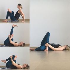 a woman is doing yoga poses on the floor