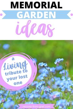 blue flowers with the words memorial garden ideas in pink and white overlaying it