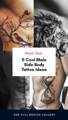 Explore 4 stunning male side body tattoo designs including a bird and tree together and an impressive lion head. These unique tattoo ideas highlight creativity and personality perfect for any tattoo lover.