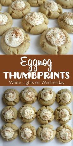 eggnog thumbprints cookies with white lights on them and the title says eggnog thumbprints