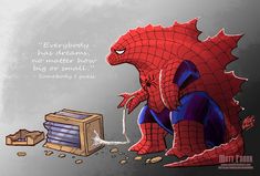 a drawing of a spider man sitting next to a toaster with money coming out of it