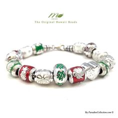 "Sterling Silver Christmas Bead Bracelet with Screw End. This set includes 15 Hawaiian beads in Red, Green, White and silver color. The designs are Plumeria, Honu, pineapple, Hibiscus, cross, heart, Tiare. Bracelet available in 7\", 7.5\", 8\"." White Jewelry For New Year Holiday, New Year Holiday White Jewelry, Silver Jewelry For Festive New Year, Silver Round Beads Jewelry For Christmas, Silver Christmas Festive Bracelets, Silver Beaded Christmas Gift Bracelets, Silver Bracelets For Christmas Festive Season, Silver Beaded Christmas Bracelets As Gifts, Festive Silver Bracelets For Christmas