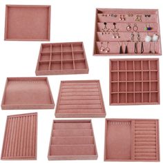 pink jewelry box with compartments and dividers for earrings, necklaces and earring rings