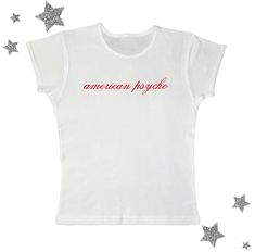 american psycho crop top baby tee. hand printed and available in white. available in sizes s, m, and l made to order, can take 2-3 weeks to be made and shipped ⭐️ buy to support a small nyc based business 🍎 message me with any questions 🍸 White Tees Outfit, Nyc Clothes, White Baby Tee, Summer Loungewear, Aesthetic 2000s, Cropped Graphic Tees, Baby Crop Top, Weird Shirts, Baby Tees