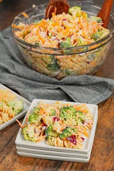 broccoli and pasta salad in a glass bowl