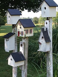 several bird houses on wooden posts in the grass