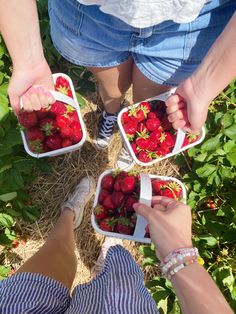 two women holding baskets of strawberries in their hands