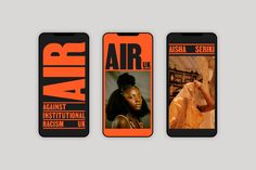 three different cell phones with an air ad on the front and back covers in black, orange, and white