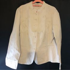 Beautiful White Denim Jacket! The Jackets Length Is Approximately 24" & 22" Wide From Pit-Pit. The Inner Arm Seam Is Approximately 19" From Pit-Wrist & Outer Arm Seam Is 24" From Shoulder-Wrist. There Are 2 Faux Pockets In The Front. 7 Stylish Buttons For Closure. Has A Short Collar. Great To Wear Dressed Up With A Skirt/Dress Or With A Pair Of Jeans. Smoke Free & Pet Free. Casual White Embroidered Denim Jacket, Casual Embroidered Long Sleeve Blazer, Casual Embroidered Blazer With Long Sleeves, Casual Fitted Embroidered Blazer, Casual Embroidered Blazer For Spring, Casual Embroidered Cotton Blazer, Casual Spring Embroidered Blazer, Spring Casual Embroidered Blazer, Casual Cotton Embroidered Blazer