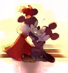 two cartoon characters hugging each other on the ground