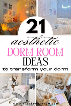 21 aesthetic dorm room decor ideas such as creating a color scheme for a dorm, storage solutions, creating a seating area, options for loft beds, aesthetic wall art, and more. Old Miss Dorm Rooms, Dorm Wall Decor Ideas, Dorm Decoration Ideas, Aesthetic Dorm Room Ideas, University Room Decoration, Wall Decor Dorm Room, Chic Dorm Room, 21 Aesthetic, Aesthetic Dorm Room