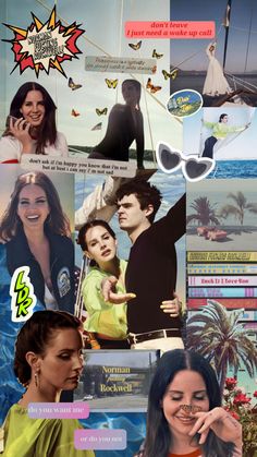 the collage has many different pictures and words on it, including one woman with sunglasses