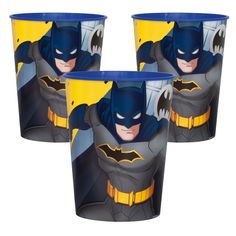 three batman cups are shown with the image of batman and batgirl on them, one is