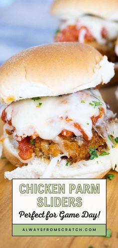 chicken parm sliders on a cutting board with text overlay that reads chicken parm sliders perfect for game day