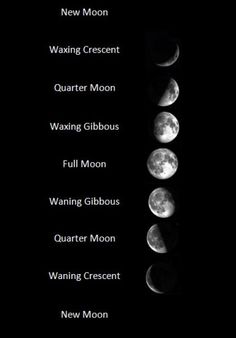 the phases of the moon are shown in this black and white photo, with text below it