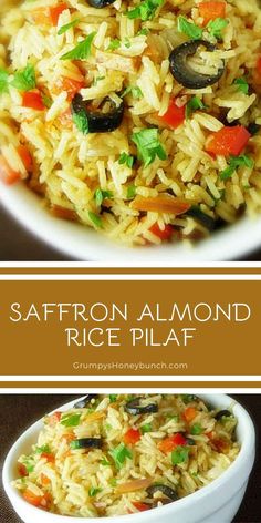 saffron almond rice pilaf with carrots and mushrooms in a white bowl