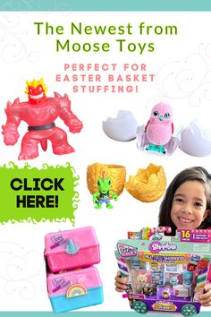 an advertisement for toys that are in the shape of animals and unicorns, with a girl holding a basket full of toys