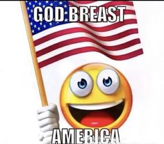 an american flag with a smiley face holding a stick and the words god breast america