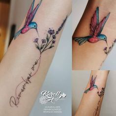 two pictures of birds with flowers on their arm and the words love are written in cursive writing