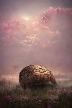 a painting of a giant armadile sitting in a field with flowers and clouds above it