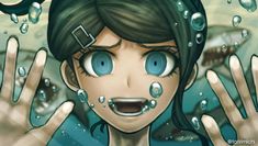 a cartoon girl with blue eyes and hands in the air, surrounded by water droplets