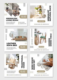 a set of four postcards with different furniture and decor items on them, all in white