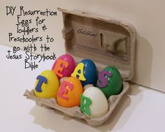 an egg carton filled with different colored eggs and the words diy reservation for todders & preschoolers to be with the jesus storybook bible