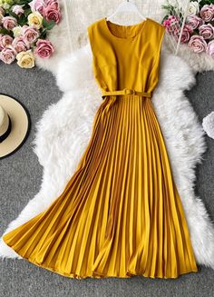 Yellow Sleeveless Midi Dress For Party, Yellow Pleated A-line Midi Dress, Elegant Yellow A-line Sleeveless Dress, Yellow Pleated Sleeveless Midi Dress, Chic Yellow Sleeveless Dress, Yellow Sleeveless Pleated Dress, Elegant Sleeveless Yellow Midi Dress, Chic Sleeveless Gold Midi Dress, Chic Gold Sleeveless Midi Dress