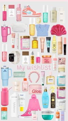 a poster with many different types of cosmetics and personal care products on it's side