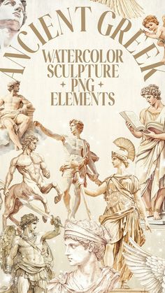 the cover of ancient greek watercolor sculpture and elements, with an image of statues