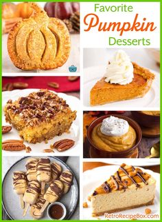 pumpkin desserts with different toppings are featured in this collage for the recipe box