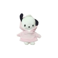 a small white and black stuffed animal wearing a pink dress on it's back