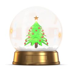 a snow globe with a christmas tree in it and lights on the top, sitting on a gold base