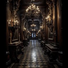 Gorgeous Victorian Gothic ornate hallway in rich browns with candelabras and candles. Candleabras Gothic, Victorian Rich Aesthetic, Dark Victorian Staircase, Gothic Interiors Victorian, Gothic Entrance Hall, Dark Victorian Hallway, Victorian Gothic Mansion Exterior, Gothic Castle Hallway, Gothic Manor Aesthetic