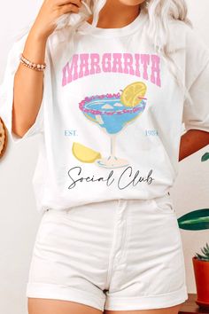 Join the Margarita Social Club with this playful graphic tee! Made with premium cotton and soft-washed fabric, it's perfect for both men and women in a classic fit. Cheers to fun times! White Graphic Print T-shirt For Brunch, Summer Brunch T-shirt With Screen Print, Trendy Summer T-shirt For Brunch, Screen Print Crew Neck T-shirt For Brunch, Crew Neck T-shirt With Screen Print For Brunch, Summer Graphic Print T-shirt For Brunch, Trendy White T-shirt For Brunch, Spring Brunch Graphic Tee T-shirt, Summer T-shirt With Screen Print For Brunch