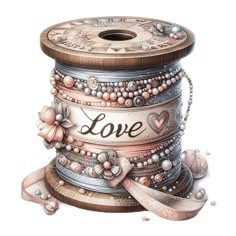 a spool of thread with the word love written on it and some beads around it