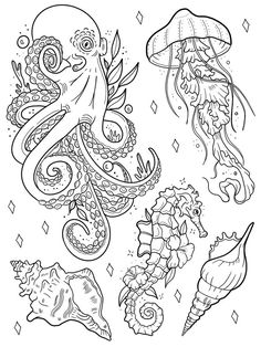 an octopus and other sea animals coloring pages for kids to print on their own wallpapers