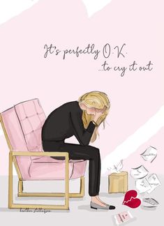 a woman sitting in a pink chair with her head on her hand and the words it's perfectly okay to try out